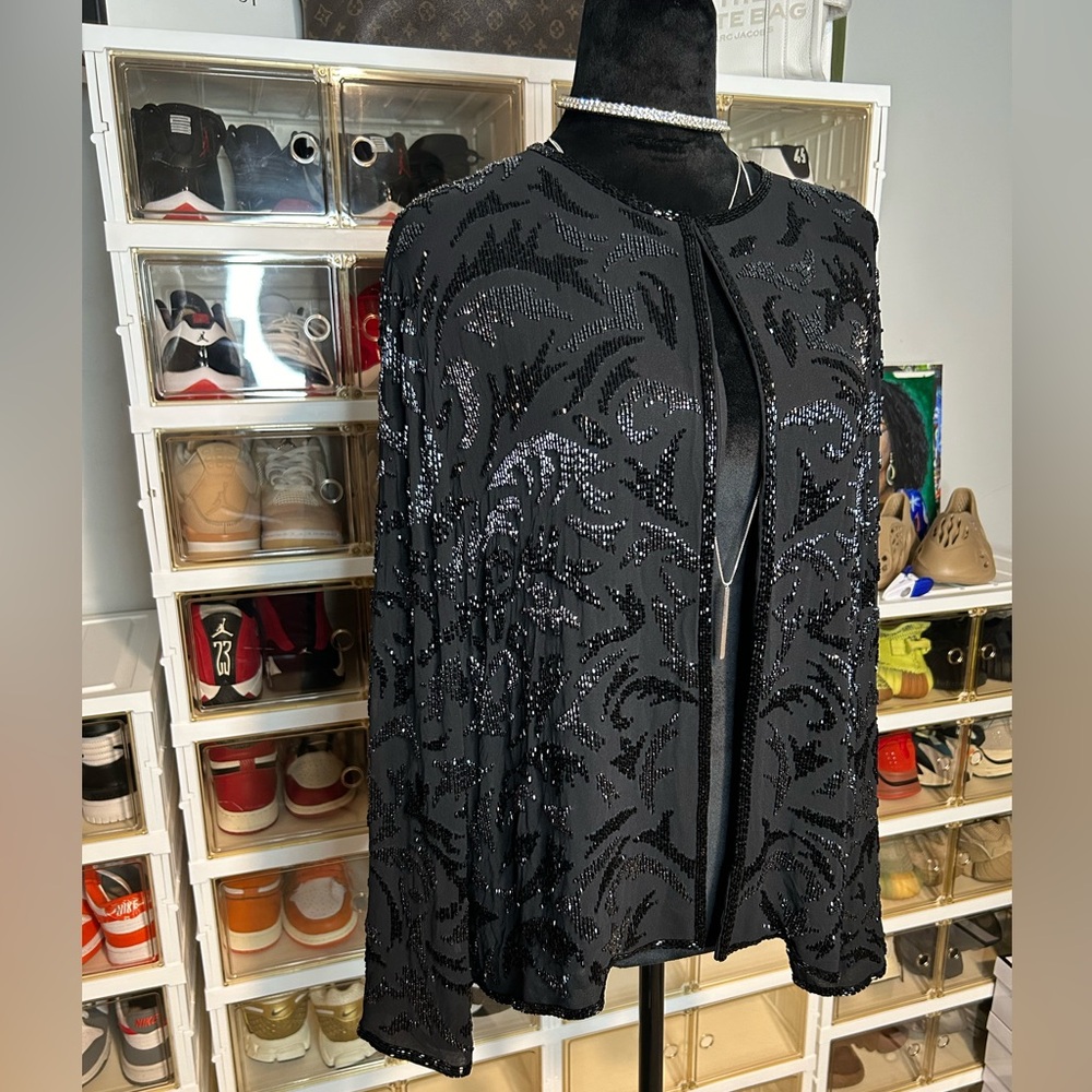 Doncaster‎ Silk Black Beaded vintage cardigan Jacket Size 14